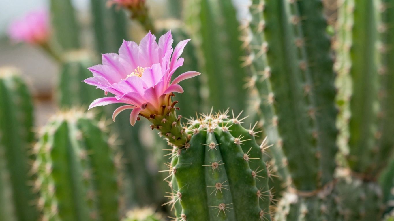 Cactus sano con flor rosa brillante.