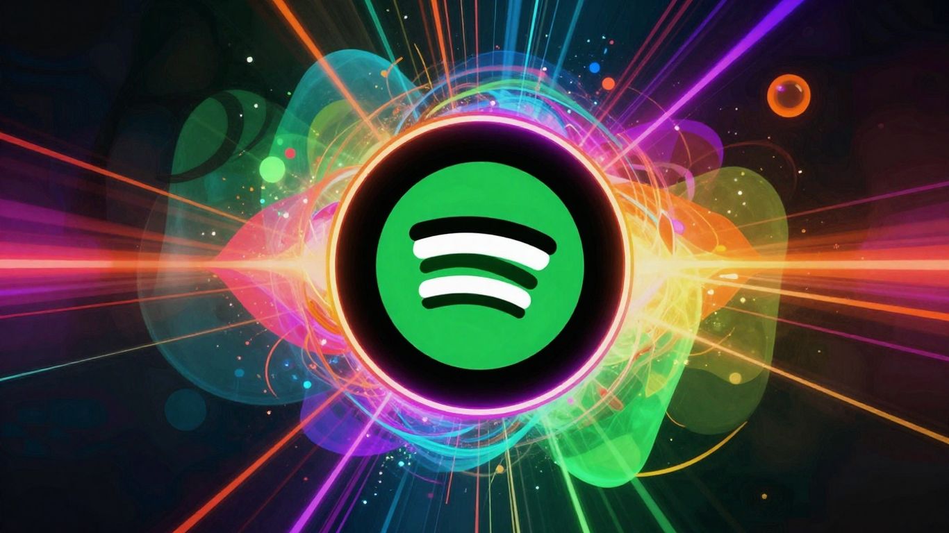 Dynamic music visualizer with abstract shapes and light trails.