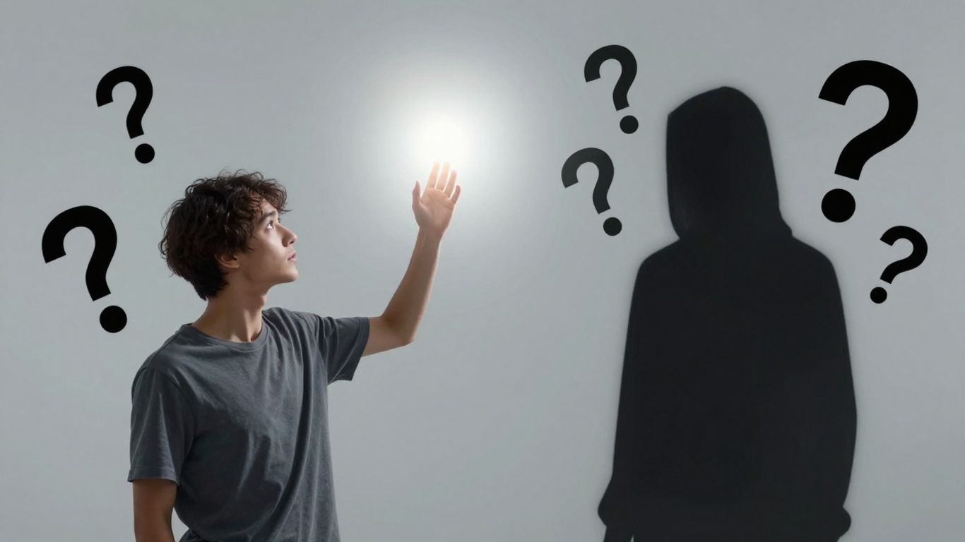 Persona esperanzada y figura sombría con signos de interrogación.