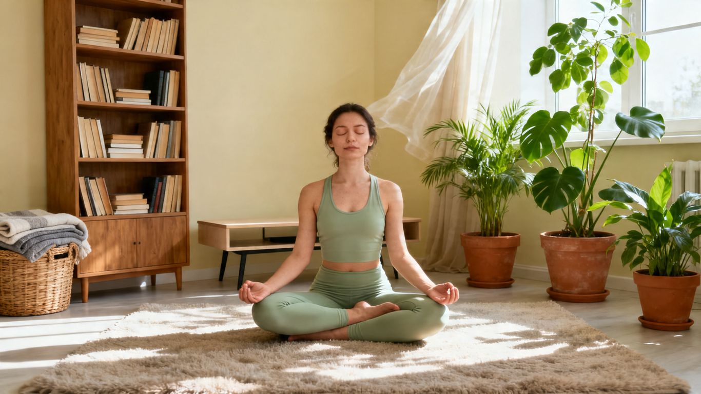 Woman meditating in a calm, organized home.