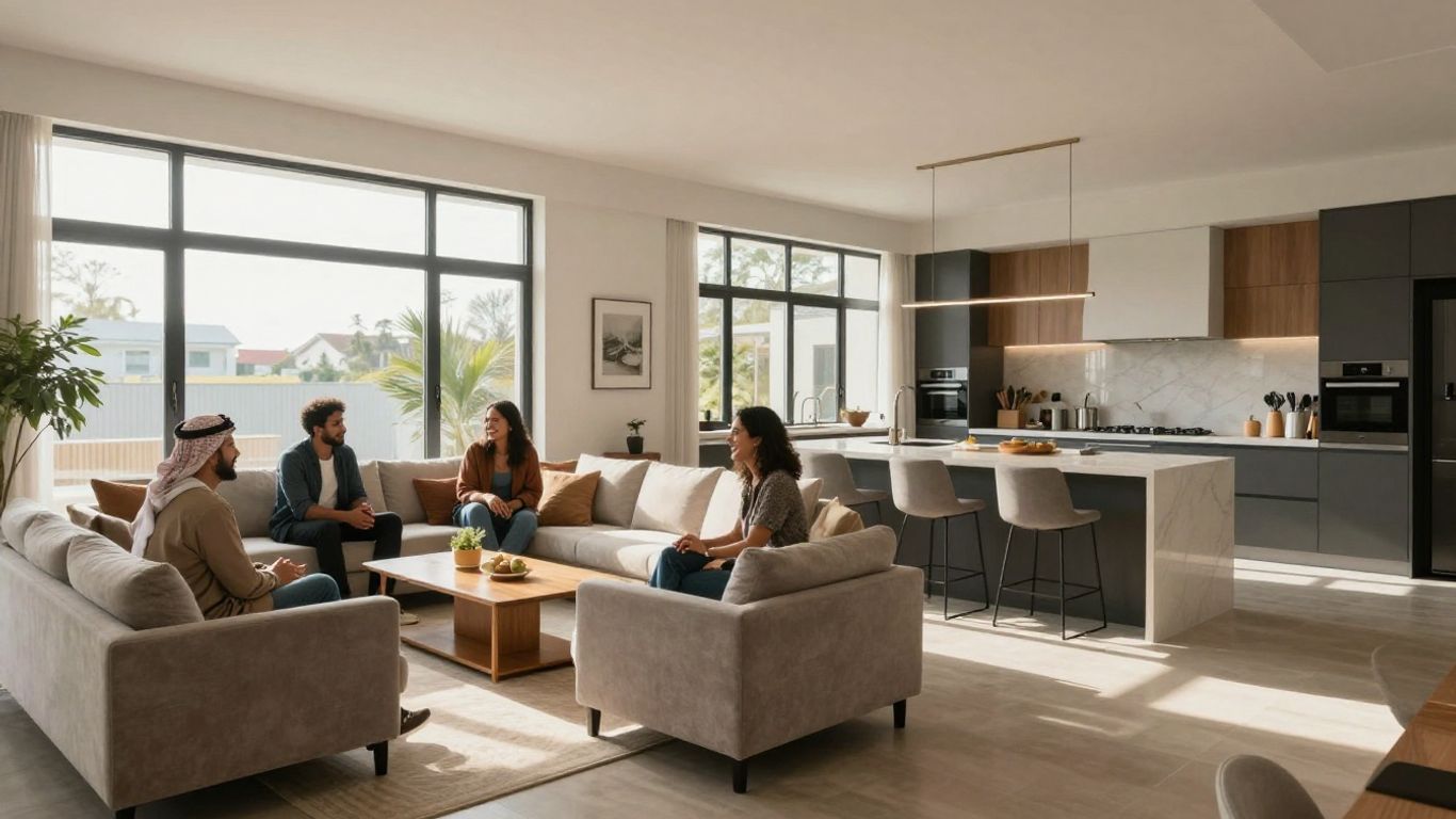 Modern open concept living space with people interacting.