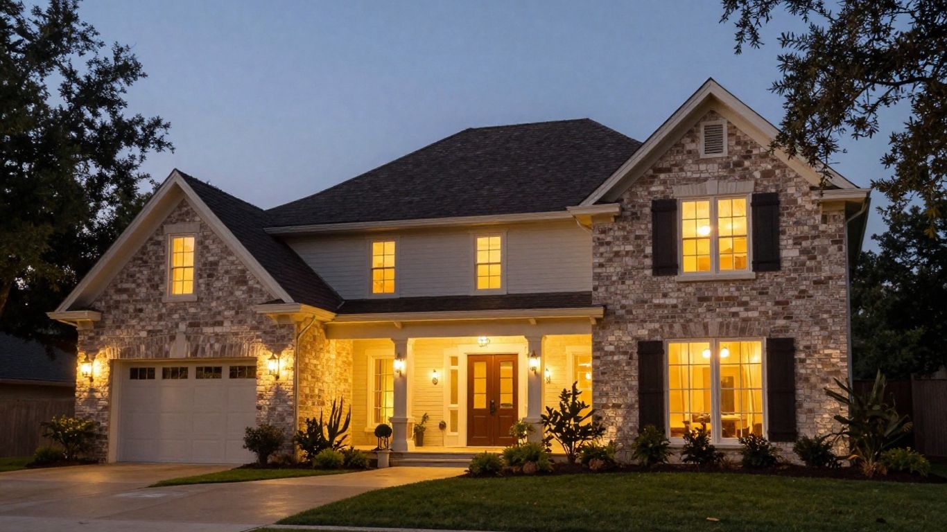 Cedar Park home with permanent outdoor lighting at dusk.