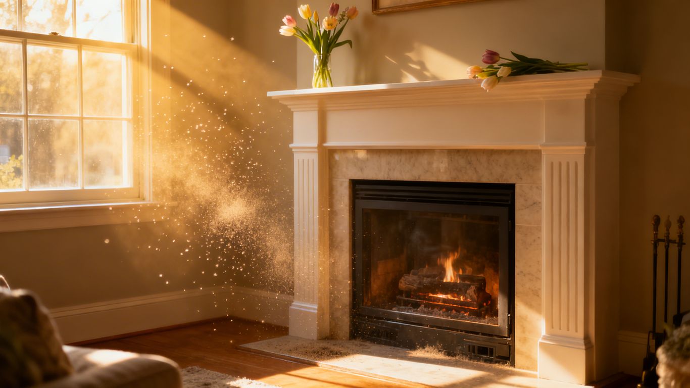 Clean fireplace with spring flowers on mantelpiece.