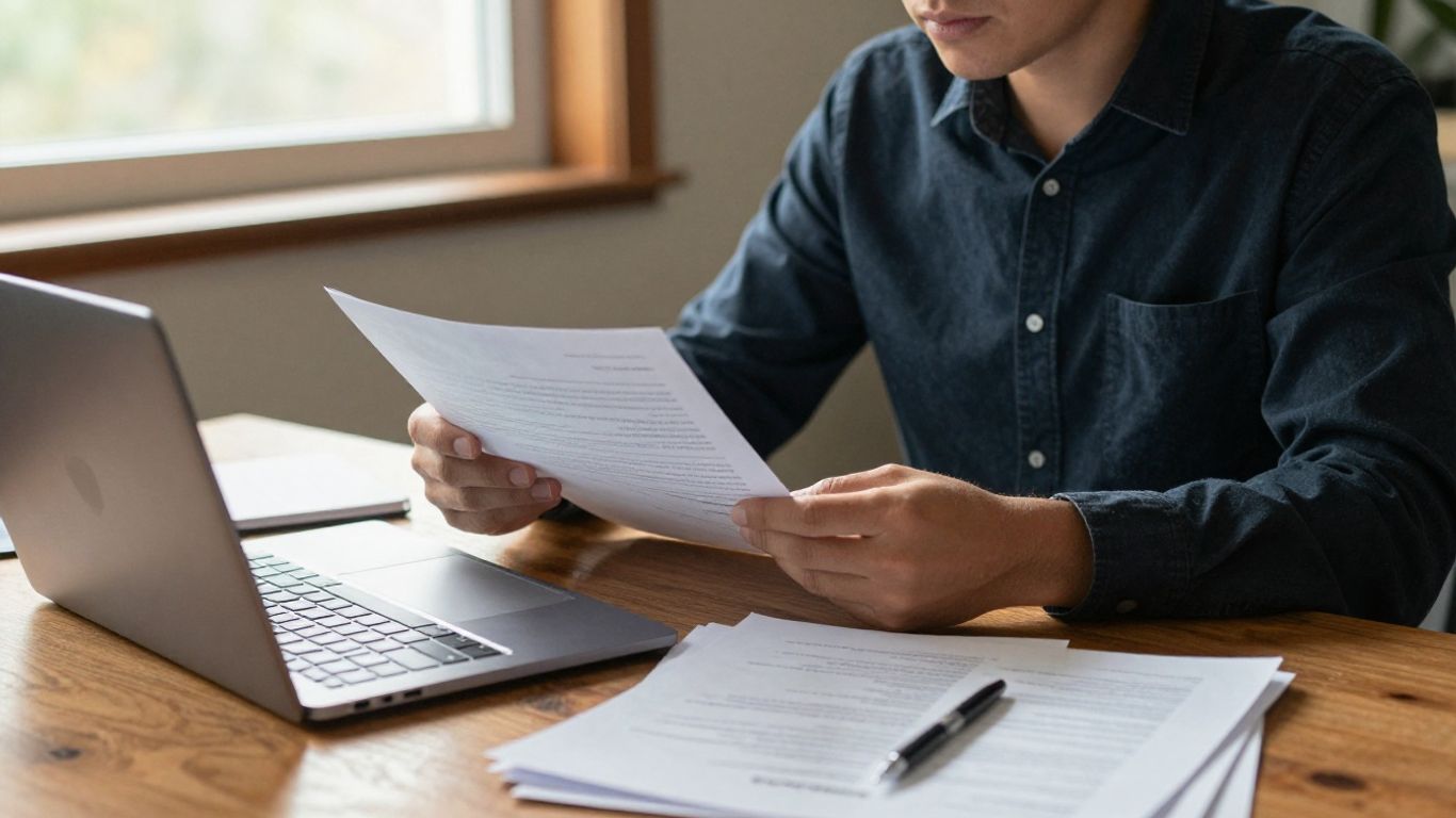 Adult learner reviewing work and study materials