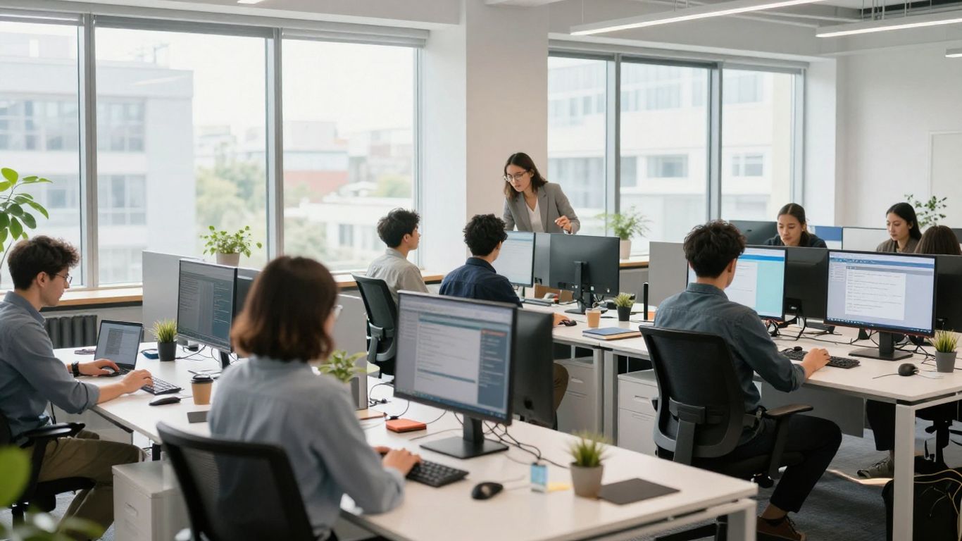 People working in a modern office with advanced technology.