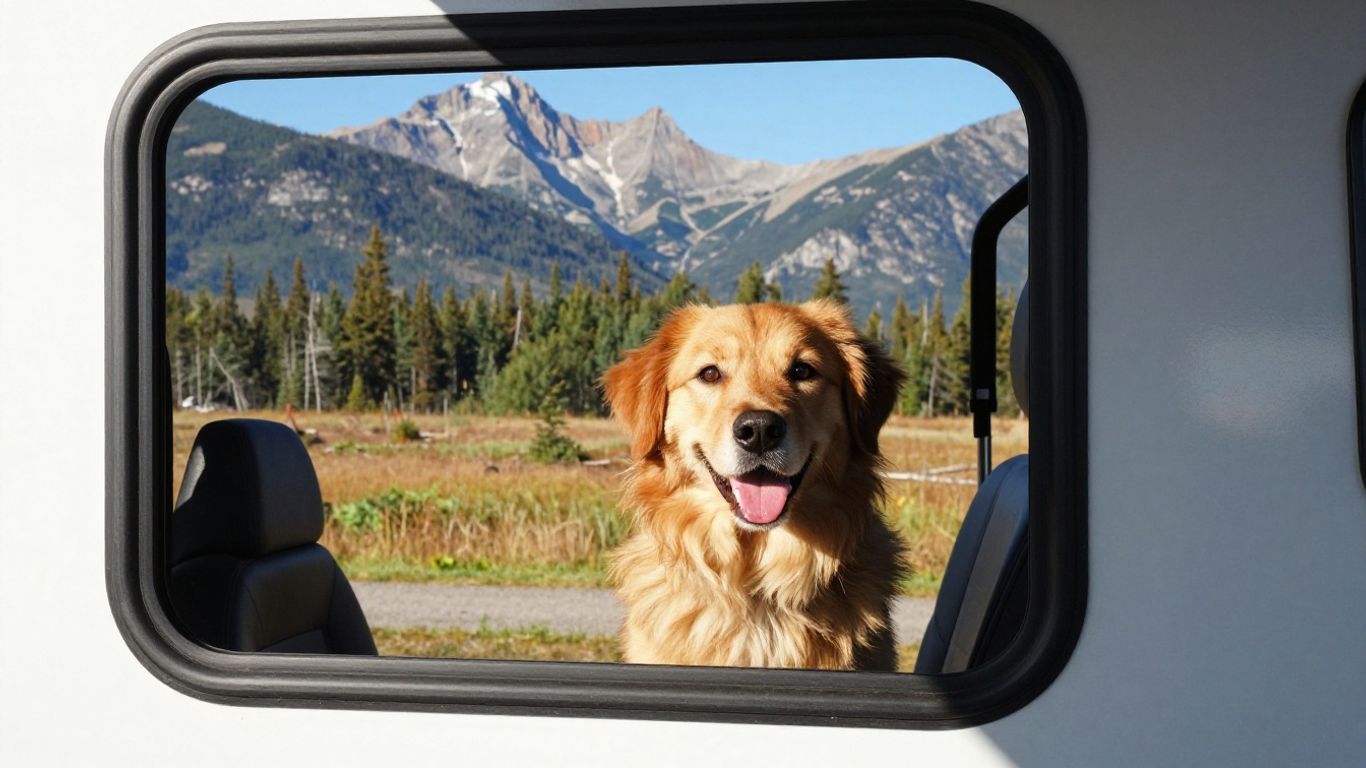 Dog in RV window, Canadian nature