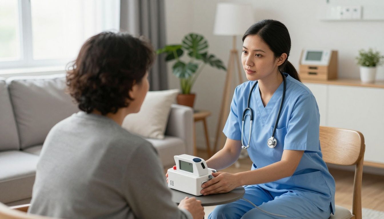 A calm and organized living room where a compassionate home care nurse is gently interacting with a person receiving care, with medical equipment neatly in the background.