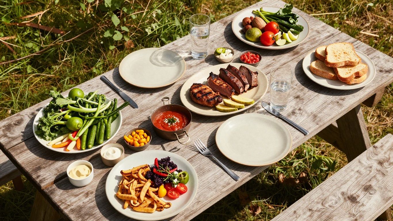 Delicious camping food spread on a picnic table.