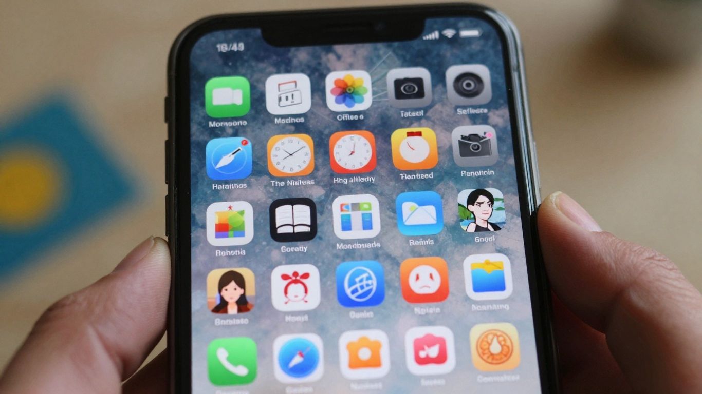 Tela de celular com ícones de aplicativos diversos.