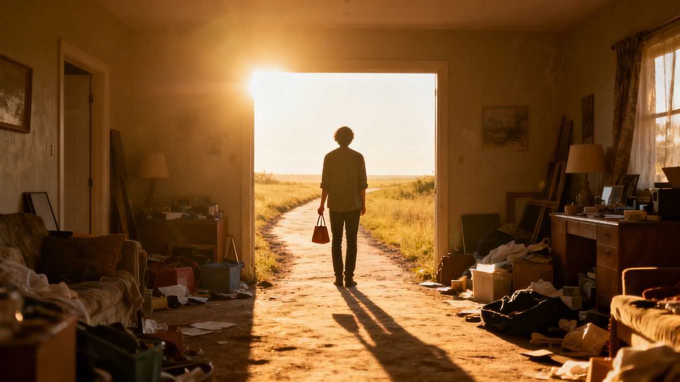 Person walking away from clutter towards a bright future.