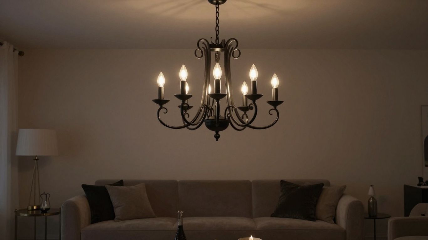 Elegant black chandelier illuminating a stylish living room.