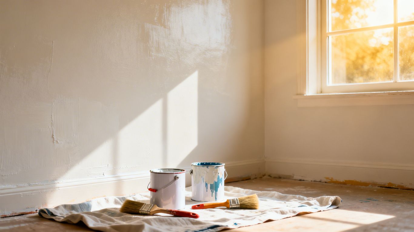 Home refresh with freshly painted walls and painting supplies.