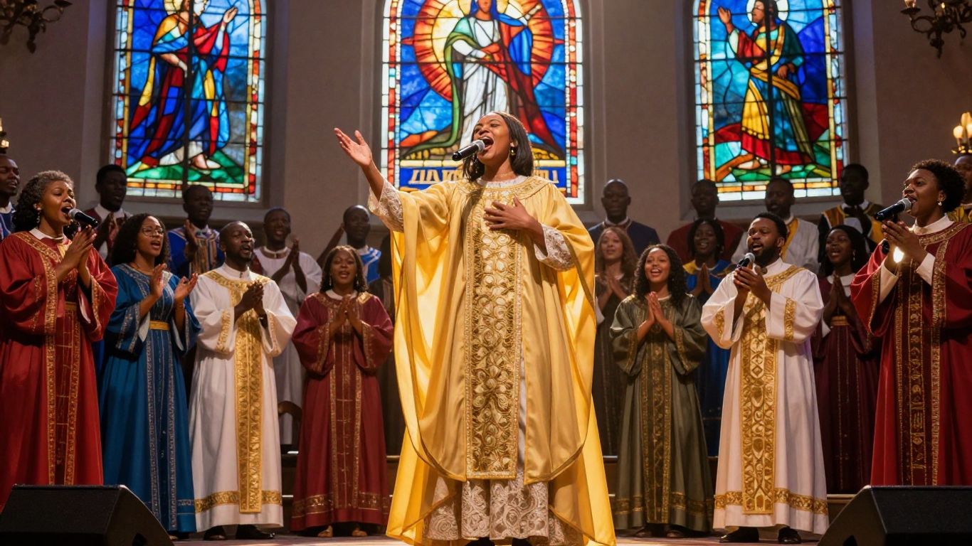 Gospel music video production with choir and singer.