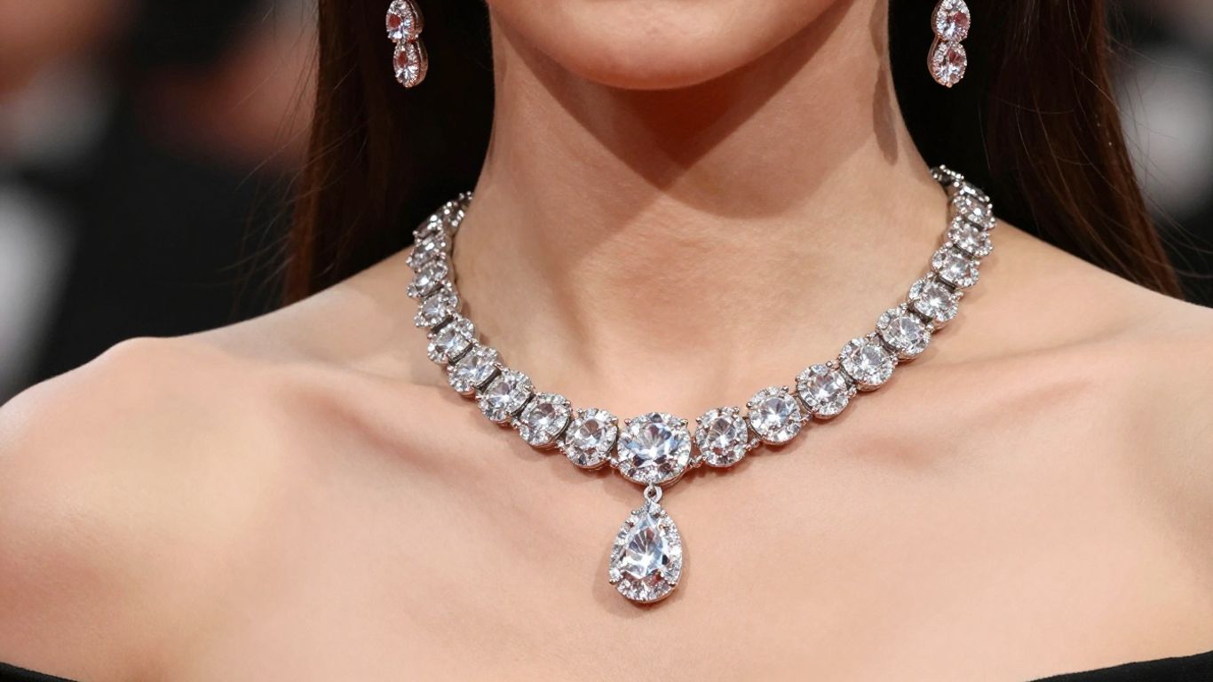 Elegant diamond necklaces and drop earrings on a woman.