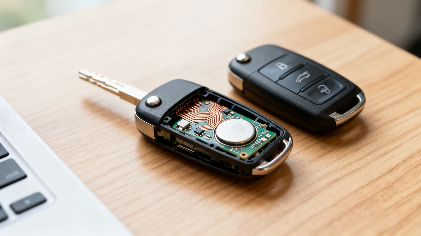 A close up view of a key fob lying on a wooden table
