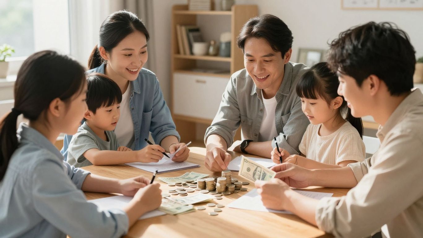 Familia planeando finanzas para el futuro.