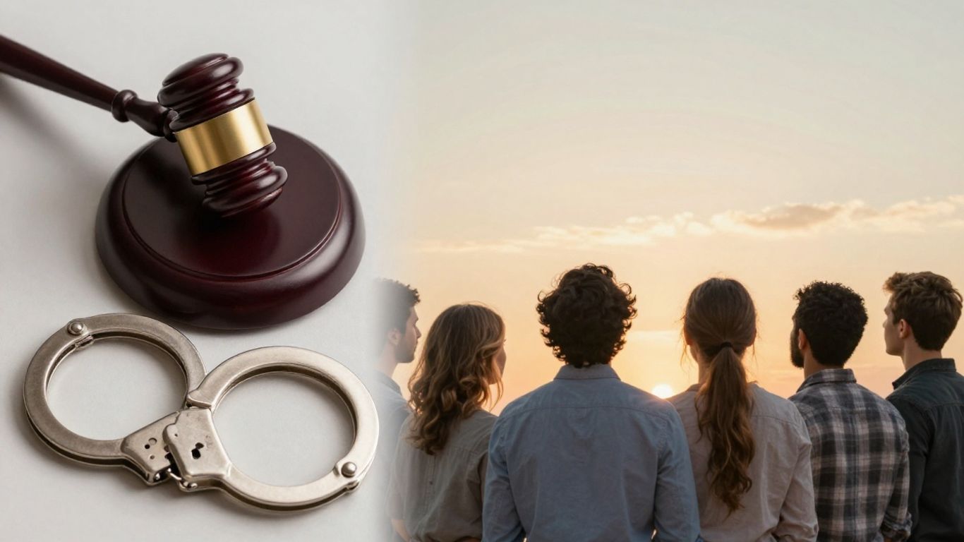 Gavel, esposas, personas mirando al horizonte.