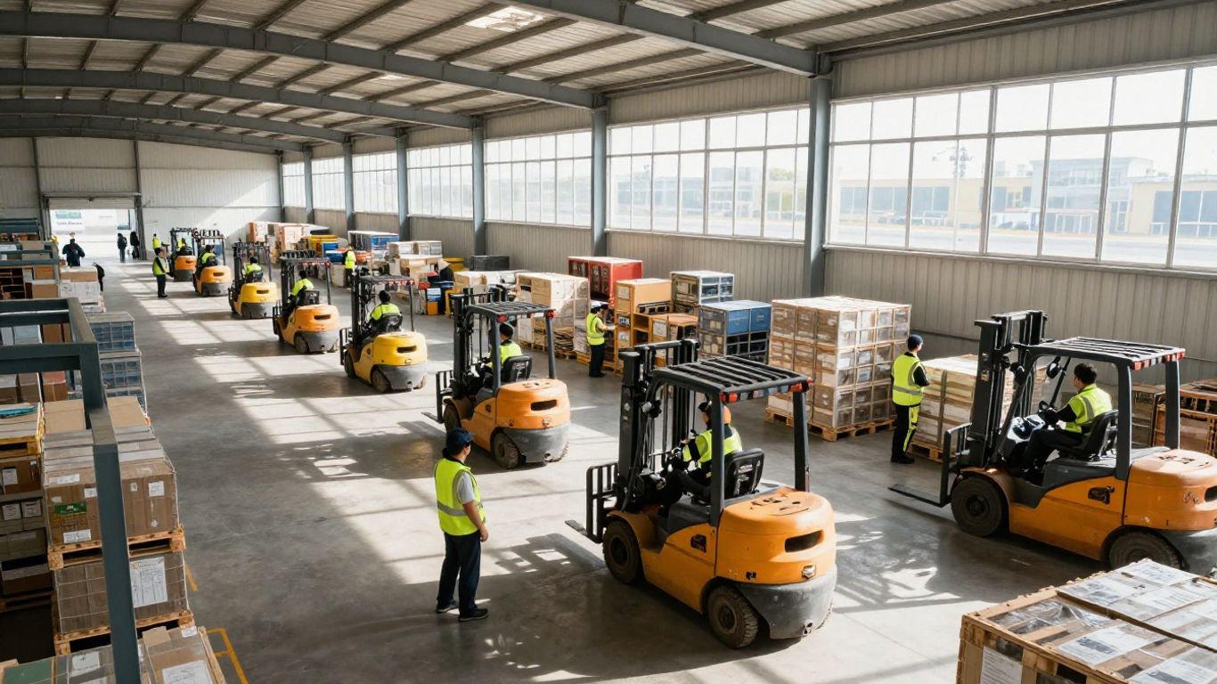 Distribution center operations with forklifts and teams.