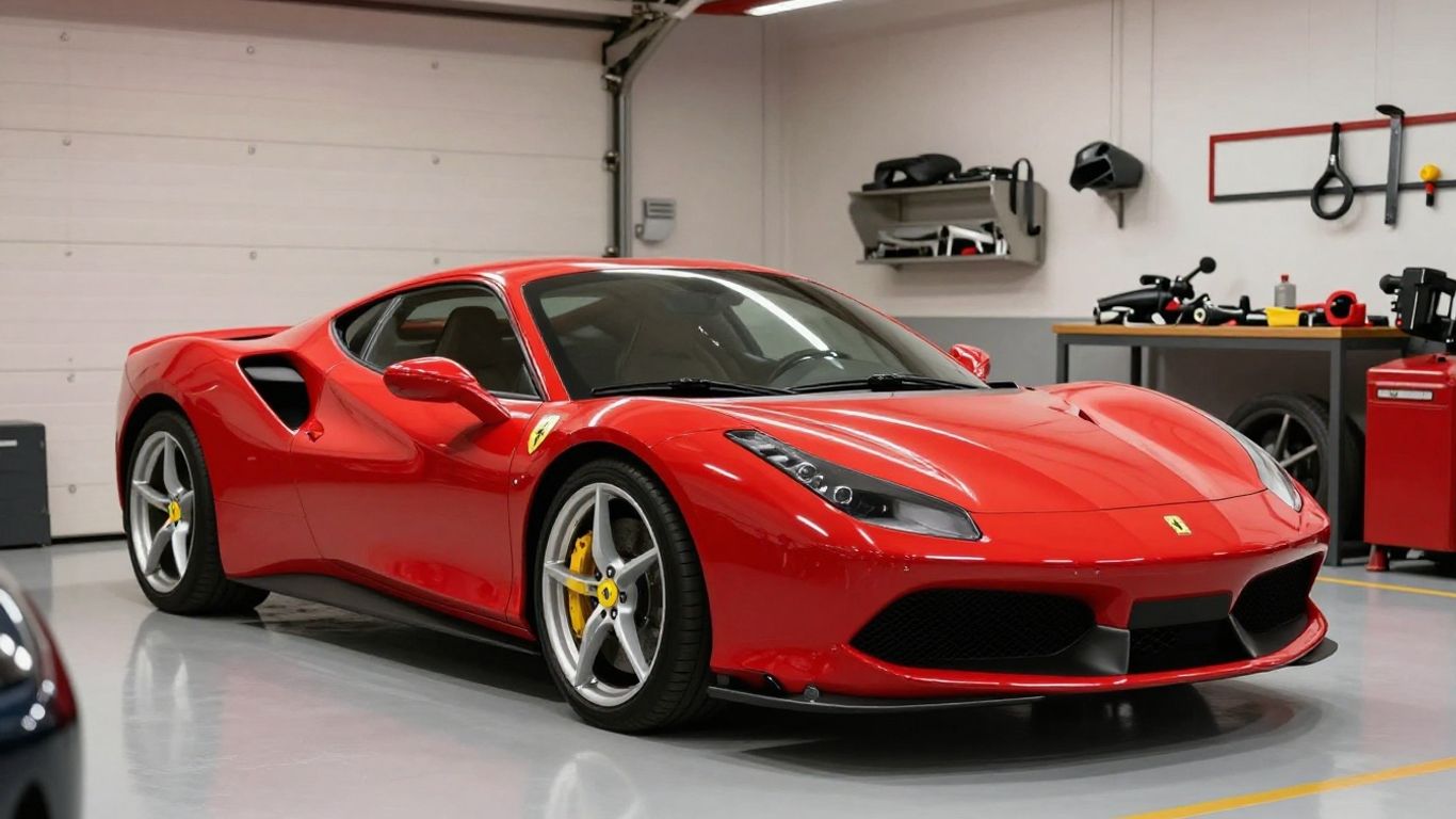 Ferrari Roma in a garage with repair tools.