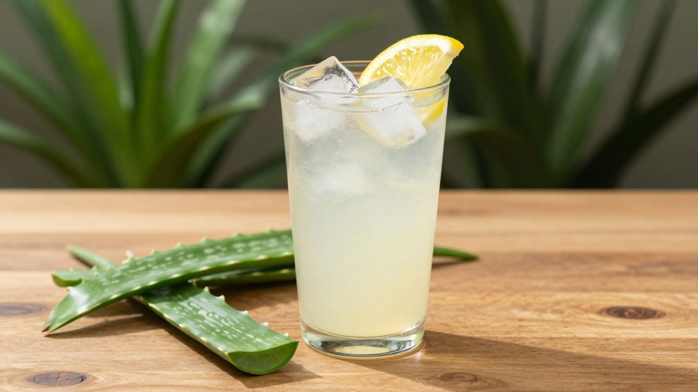 Glass of Herbalife aloe drink with ice and lemon.
