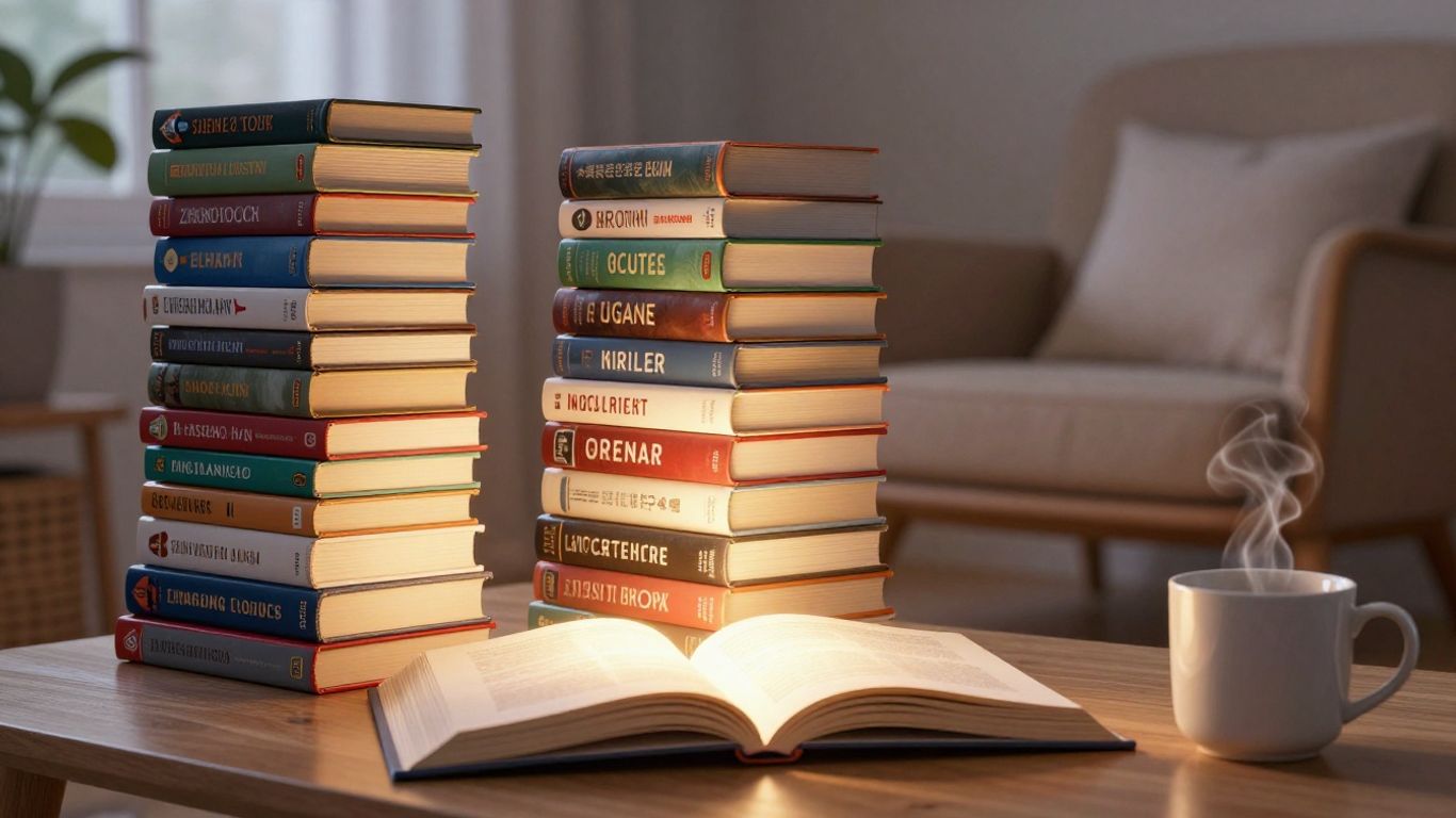 Stack of glowing ebooks in a cozy reading nook.