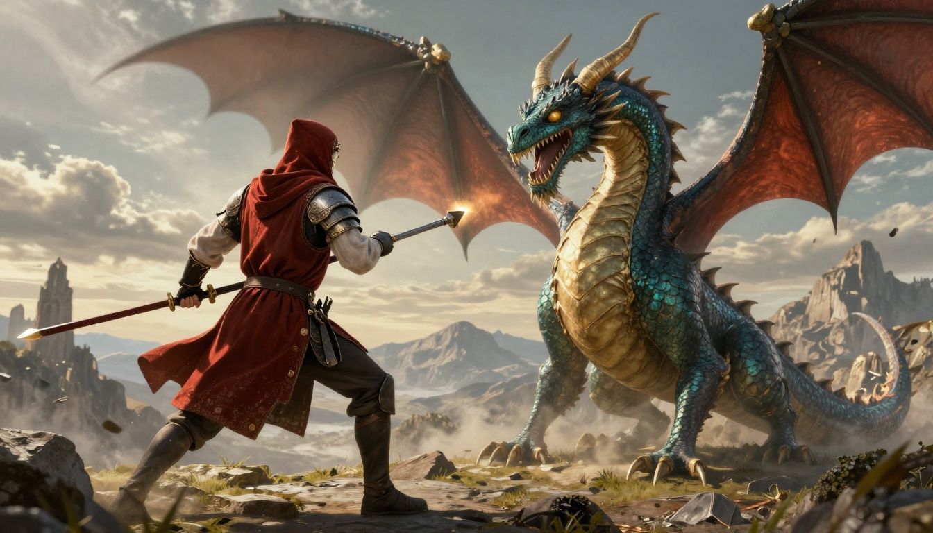 Guerreiro medieval enfrentando um dragão em uma montanha épica