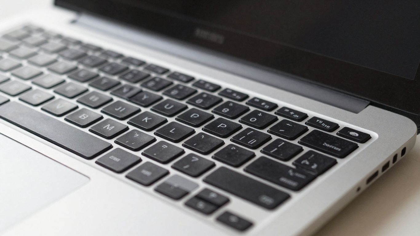 Brugt laptop med synlige tegn på slid.