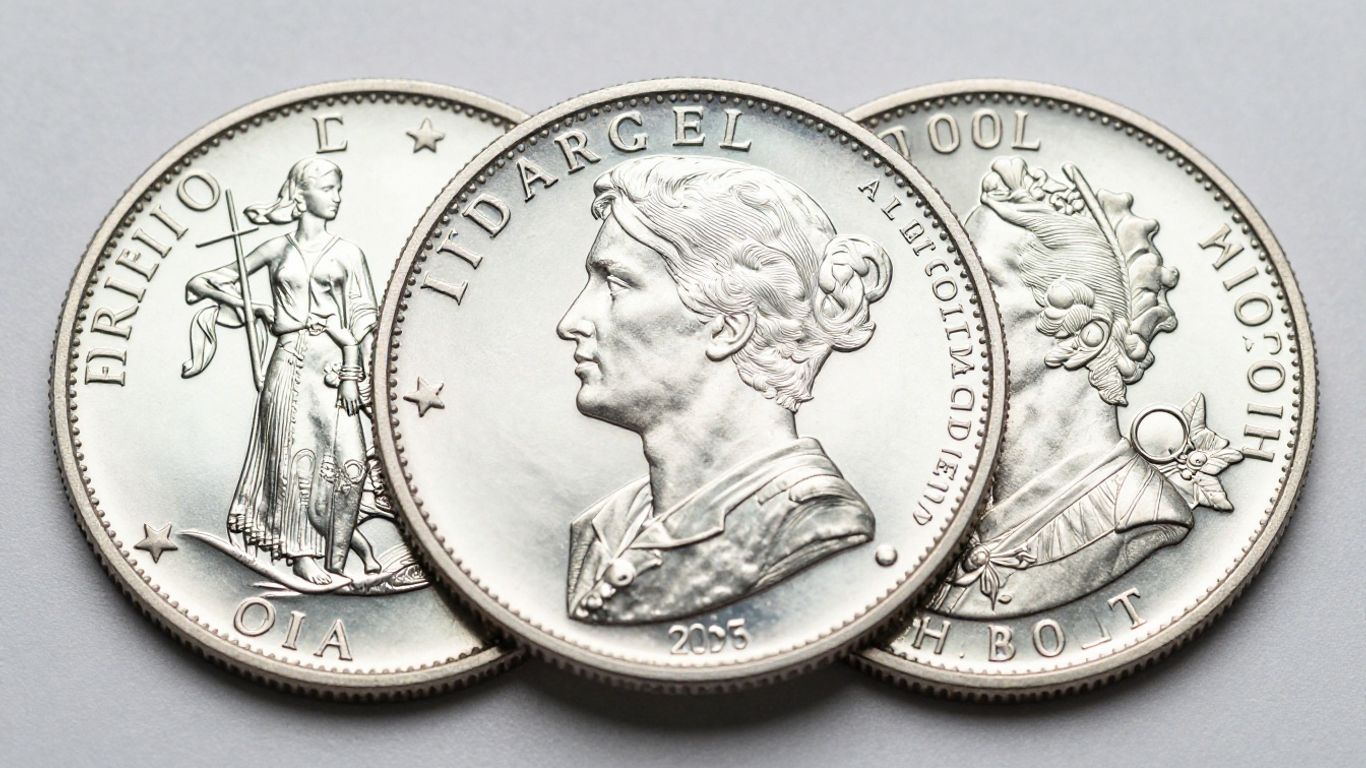 Close-up of shiny proof coin sets with frosted designs.