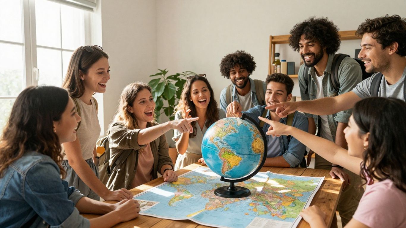 Travelers planning a global adventure using a map and globe.