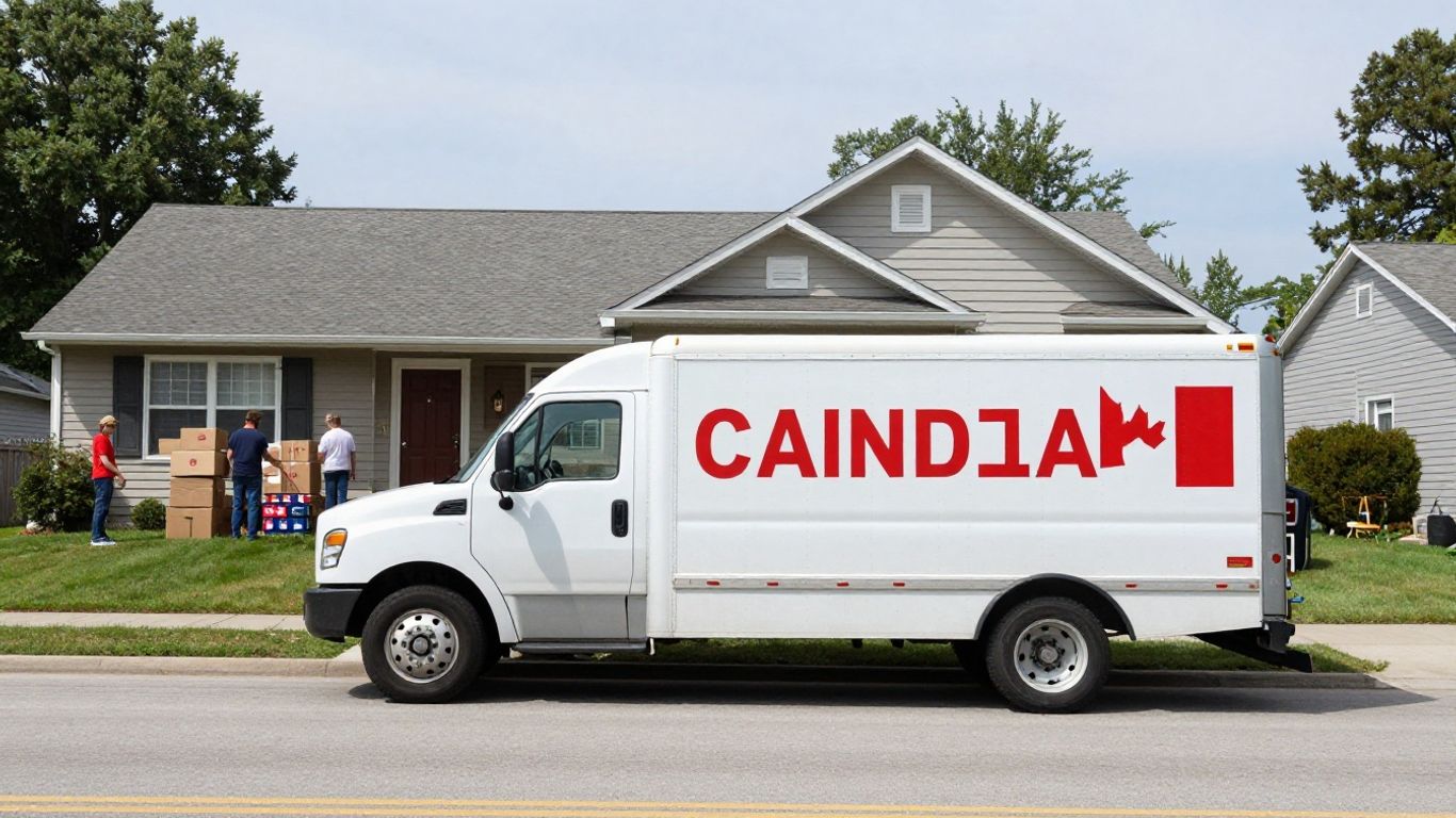 Family unloading moving truck at new American home.