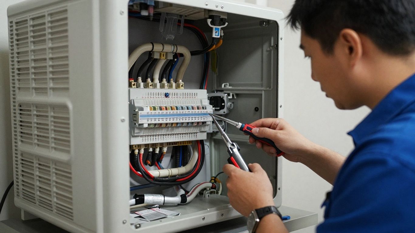 Technician inspecting HVAC electrical components for safety.