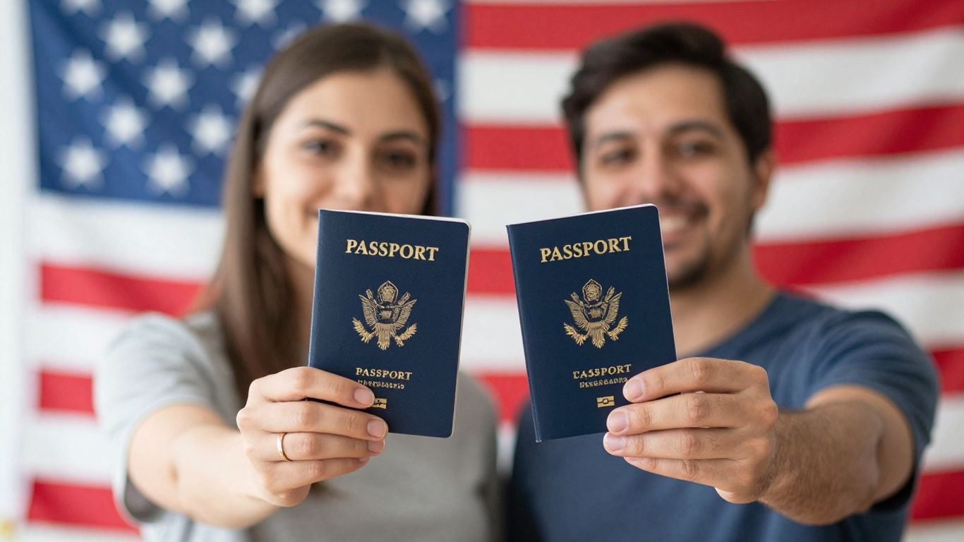 Pareja feliz con pasaporte y anillo de compromiso.