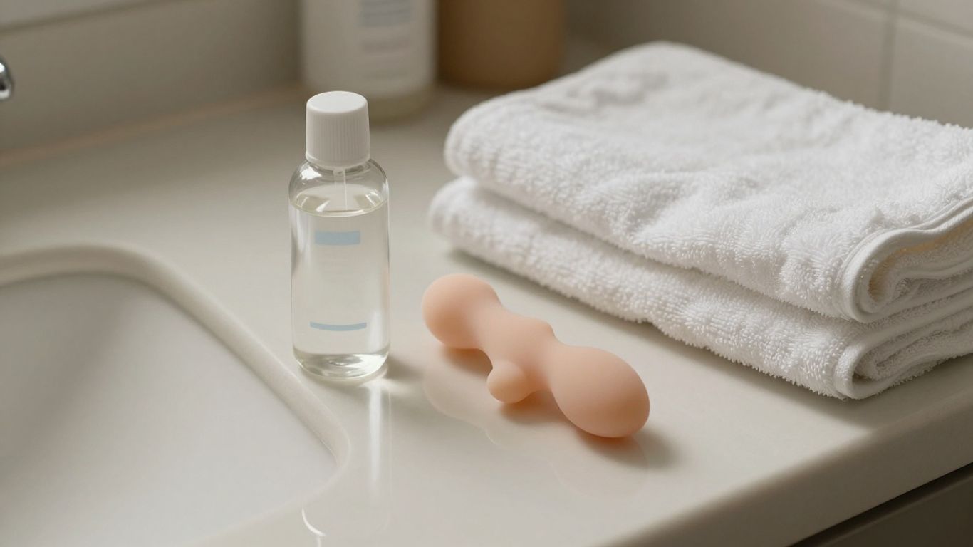Silicone toy and water-based lubricant on a clean surface