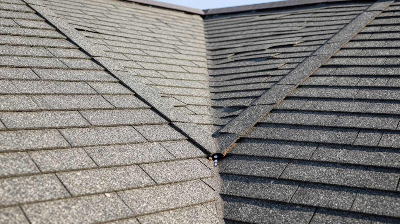 Roof valley intersection with shingles directing water.
