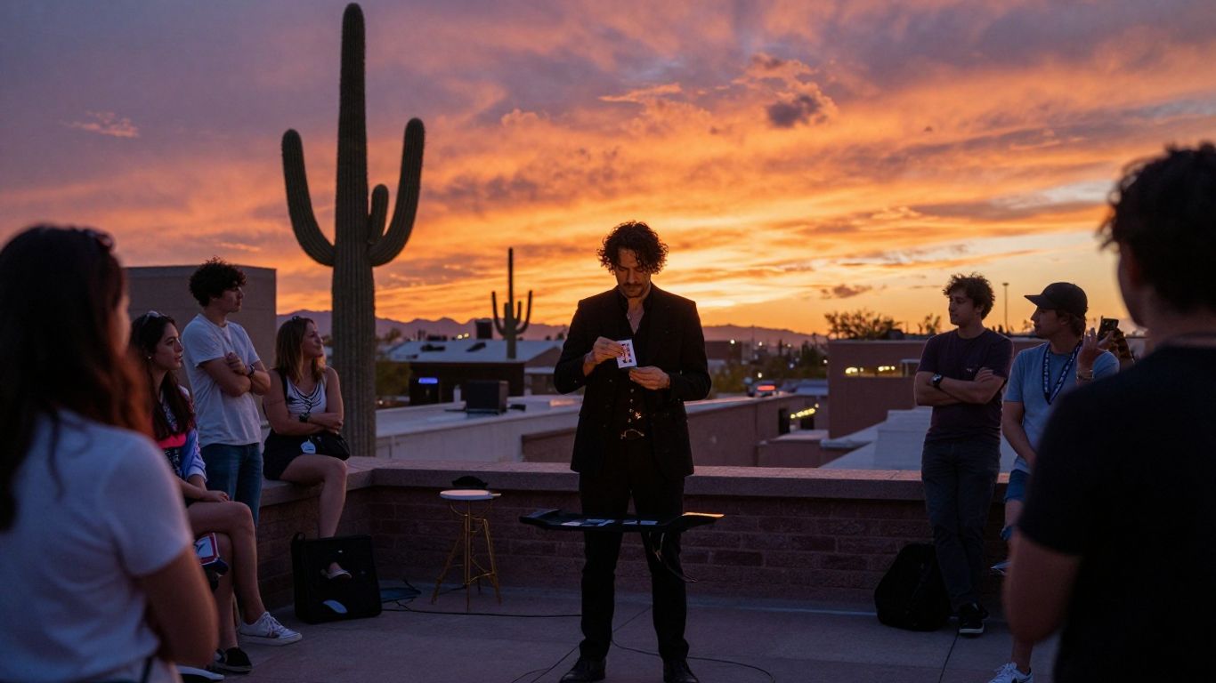Magician performing at a rooftop sunset event in Phoenix.