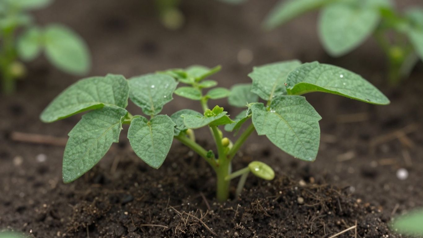 Junge Kartoffelpflanzen sprießen aus der Erde im Frühling.