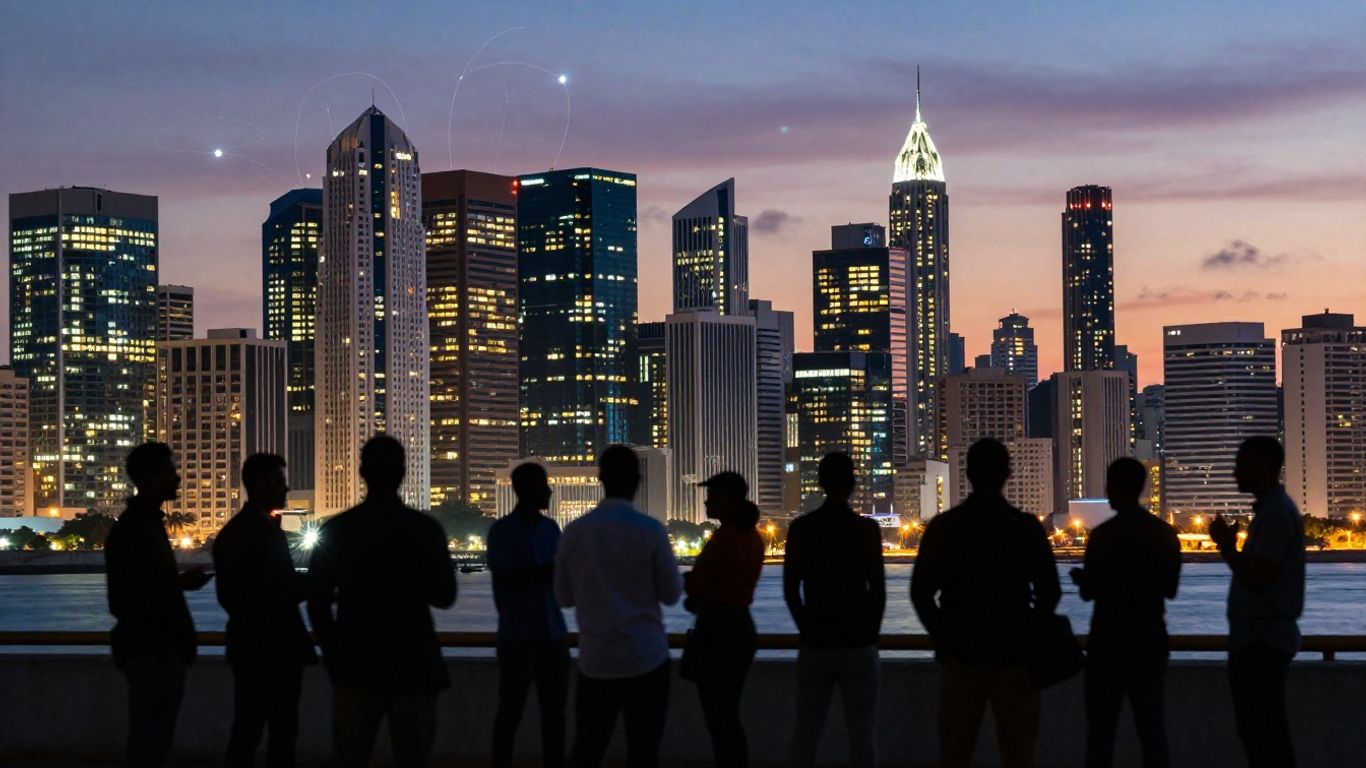 Nigerian cityscape with modern buildings and people