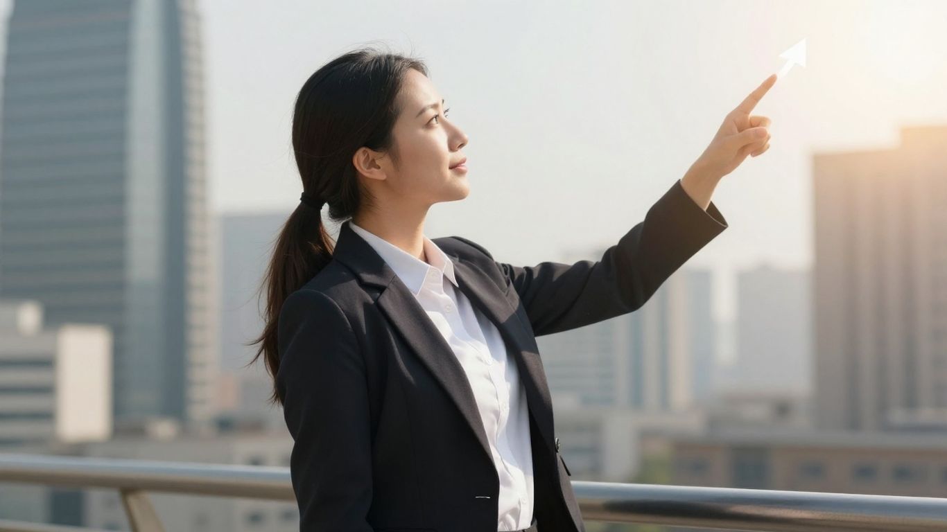 Business professional pointing towards growth path