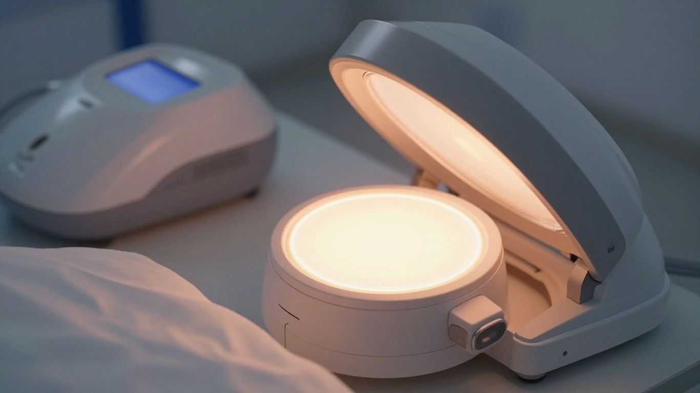 Moderne Lichttherapie-Geräte mit sanftem Lichtschein.