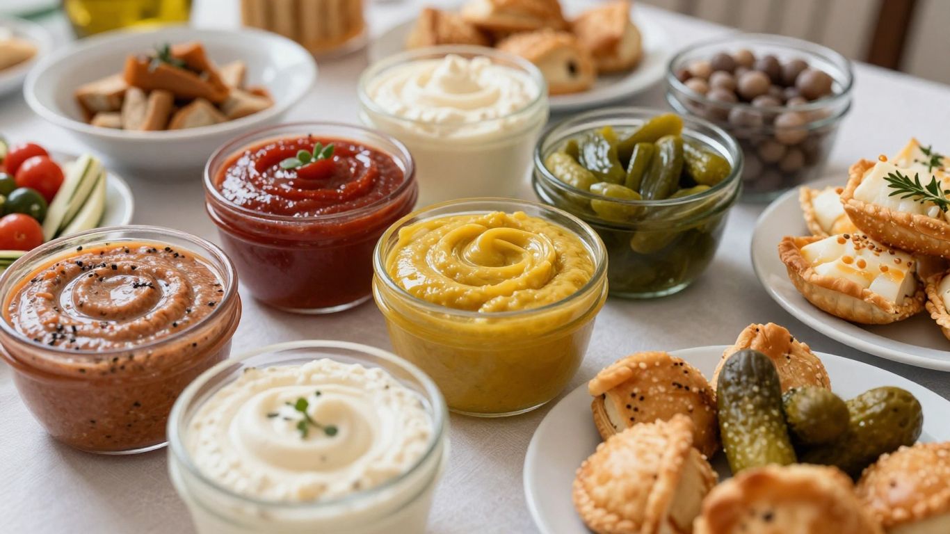 Assortment of Romanian appetizers on a wooden table.