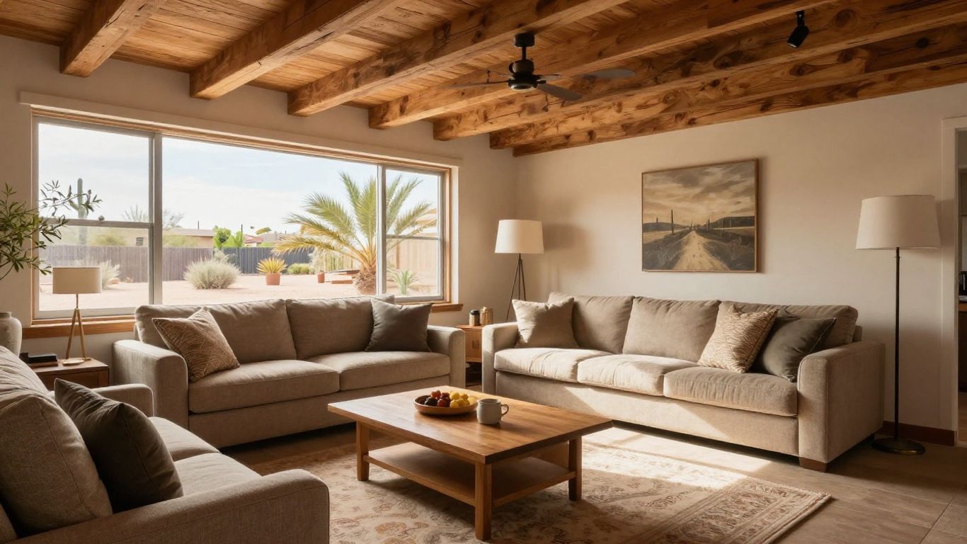 Finished basement room in Tucson with seating and windows.