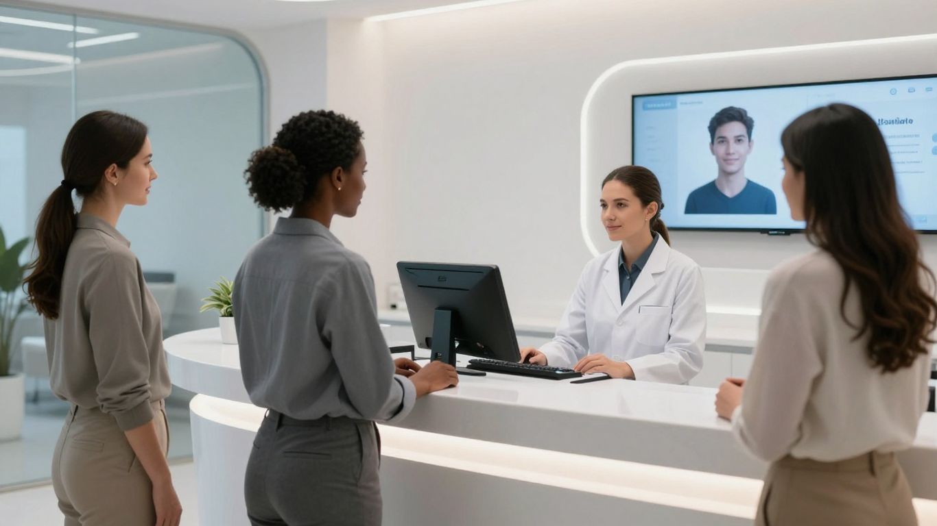 AI receptionist in a modern plastic surgery clinic with diverse patients.