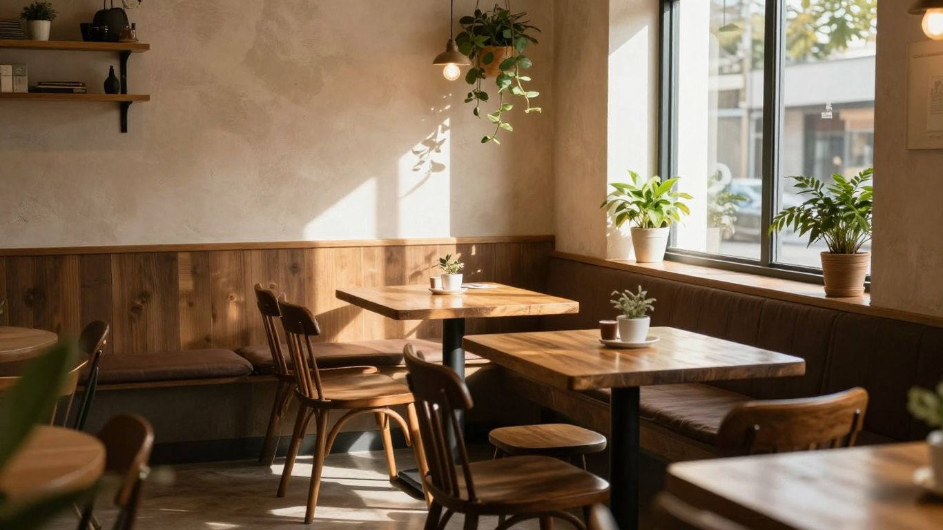 Gemütliches Café mit warmem Licht und bequemen Sitzgelegenheiten.