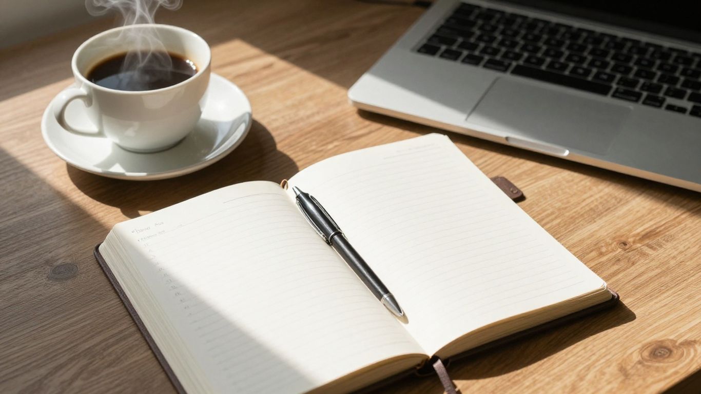 Fotografía de un escritorio con una agenda abierta y una taza de café