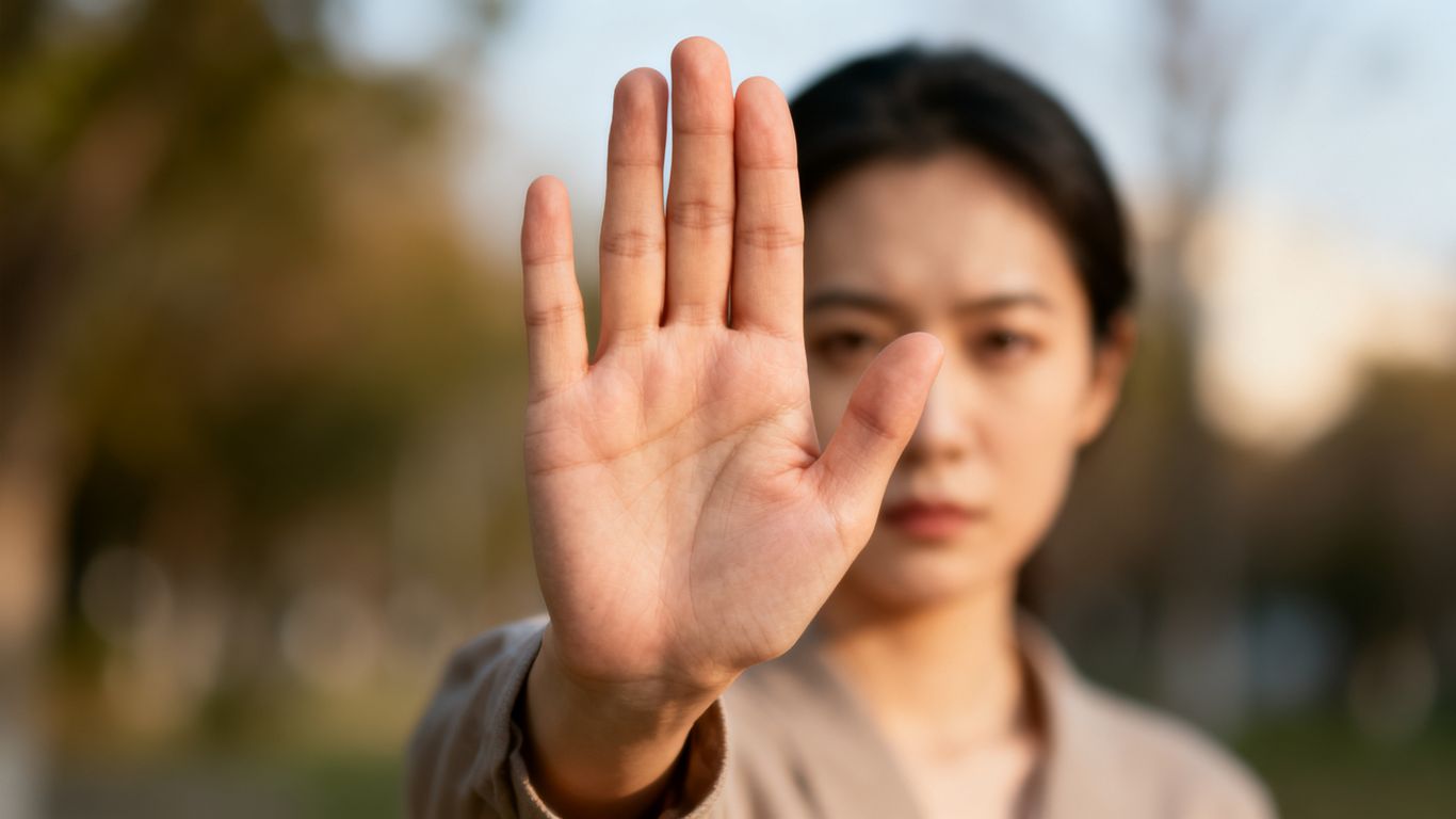 Person firmly saying no with hand gesture.