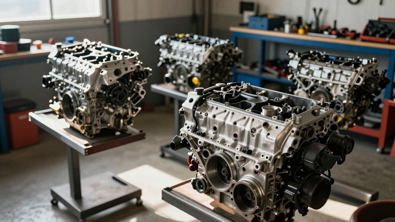 Used car engines displayed in a workshop.