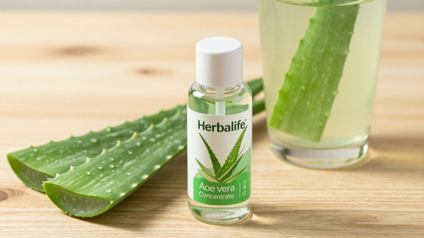 Herbalife Aloe Vera Concentrate bottle with fresh leaves.