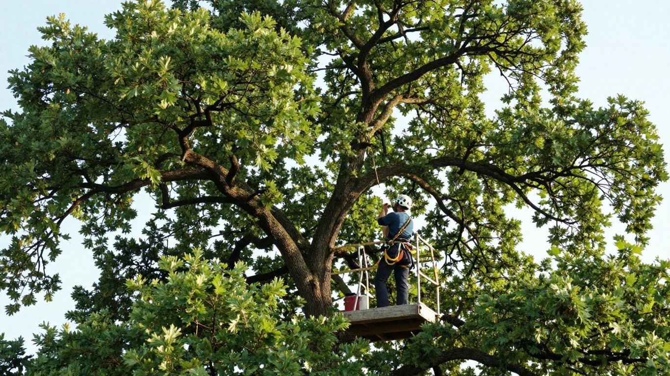 Arborist inspecting large healthy tree canopy