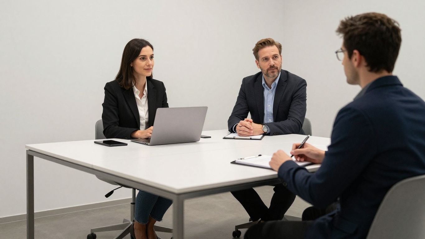 An intense job interview setup with laptop equipment