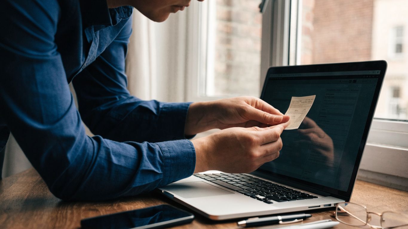 A trader reviewing a coupon beside a laptop